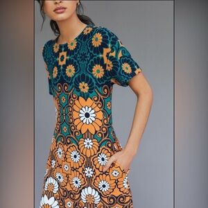 Anthropologie Maeve Floral Mini Dress - Green, Orange, White